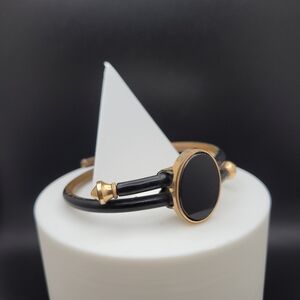 Antique Victorian Mourning Bangle — Black Vulcanite & Onyx, Gold Filled